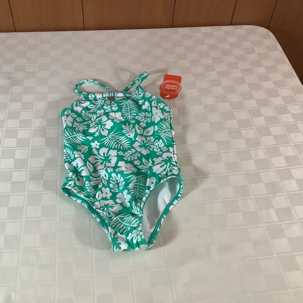 Wonder Nation Green and White One Piece Swimsuit with Floral Design